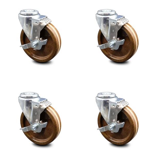 5 Inch High Temp Phenolic Wheel Swivel Bolt Hole Caster Set with Brake SCC